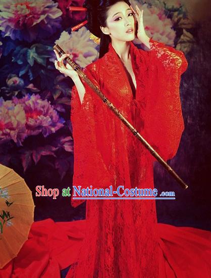 Lucky Red Long Trail Hanfu Clothing Complete Set for Women