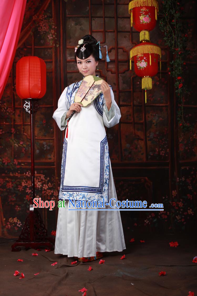 Qing Dynasty White Embroidered Flower Lady Clothing for Women