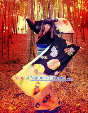 Ancient Japanese Black Kimono Costumes Complete Set