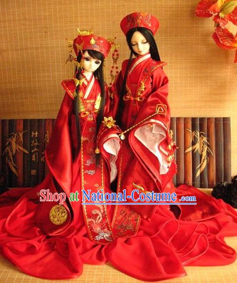 Traditional Chinese Bride and Bridegroom Wedding Dress and Hair Accessories 2 Complete Sets