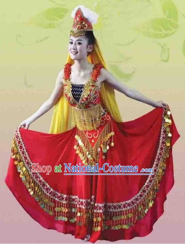 China Xinjiang Uyghur Nationality Female Dance Costume and Hat