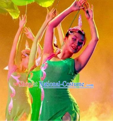 Green Lotus Stage Performance Dance Costume and Headpiece for Women