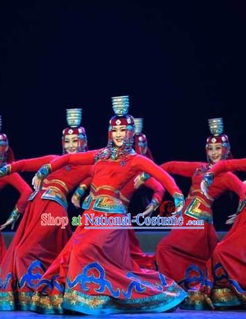 Traditional Mongolian Bowl Dance Costume and Hat for Women