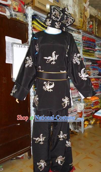 Black Beijing Opera Embroidered Costume and Hat for Men