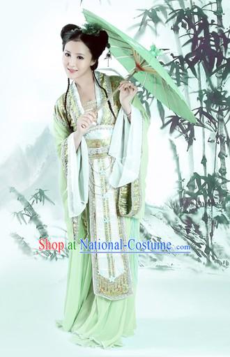 Ancient Chinese Green Lady Costume and Umbrella Complete Set