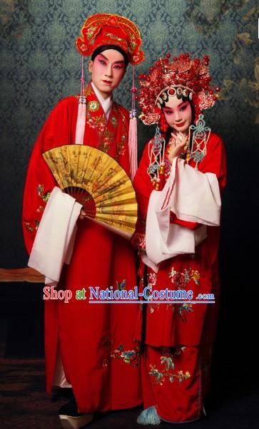 Chinese Beijing Opera Red Sheng and Dan Actress and Actor Two Costumes and Hats