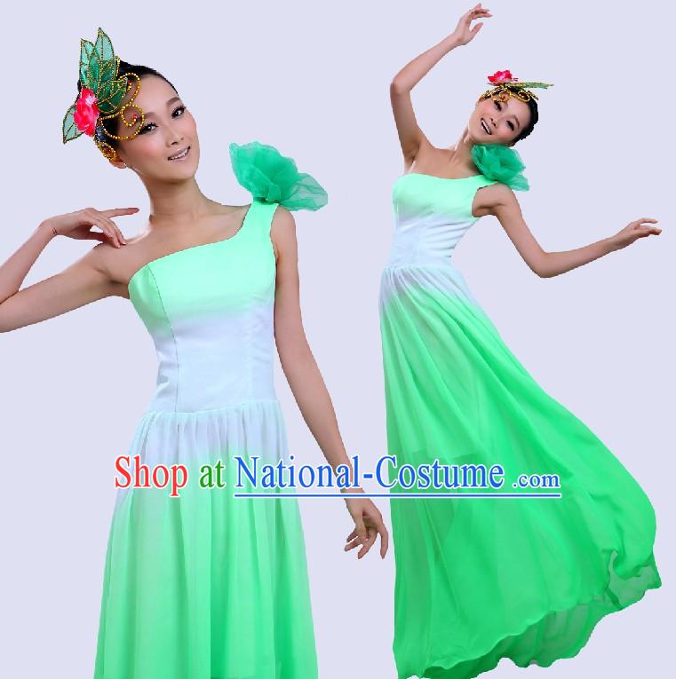 Chinese Color Transition Green Fan Folk Dancing Costume for Women