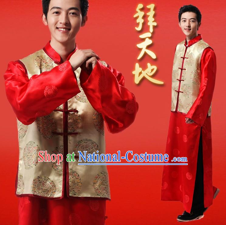 Chinese Classic Red Wedding Ceremonial Dress Complete Set for Bridegrooms