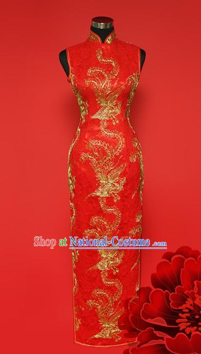 Chinese Stunning Red Gold Phoenix Wedding Cheongsam