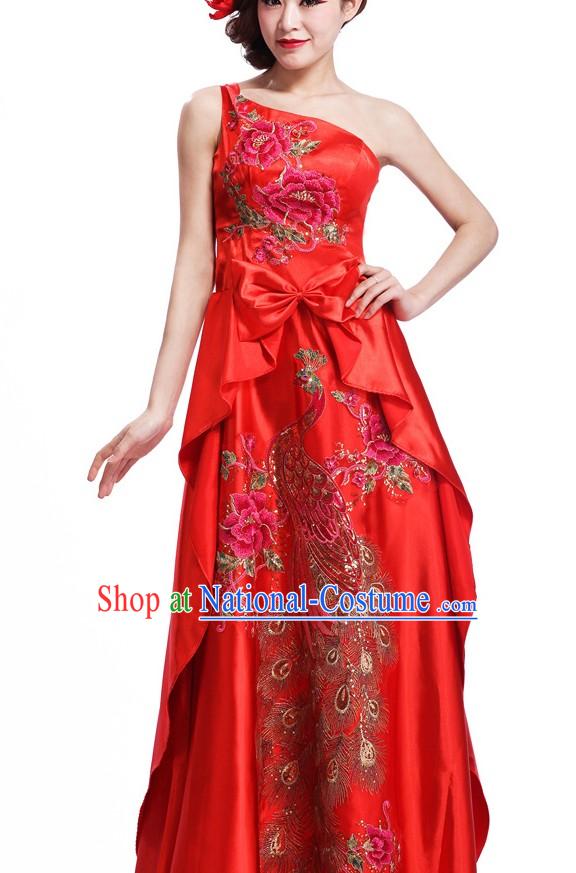 Chinese Classic One Shoulder Peacock Cheongsam for Ladies