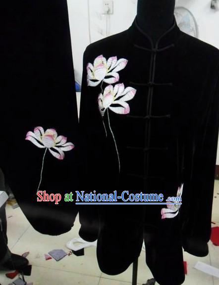 Black Silk Embroidered Lotus Kung Fu Uniform for Women