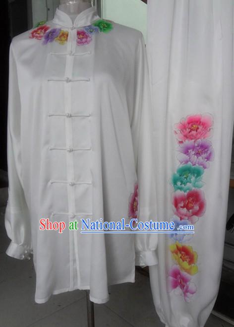 White Embroidered Rainbow Flower Kung Fu Competition Dress Complete Set