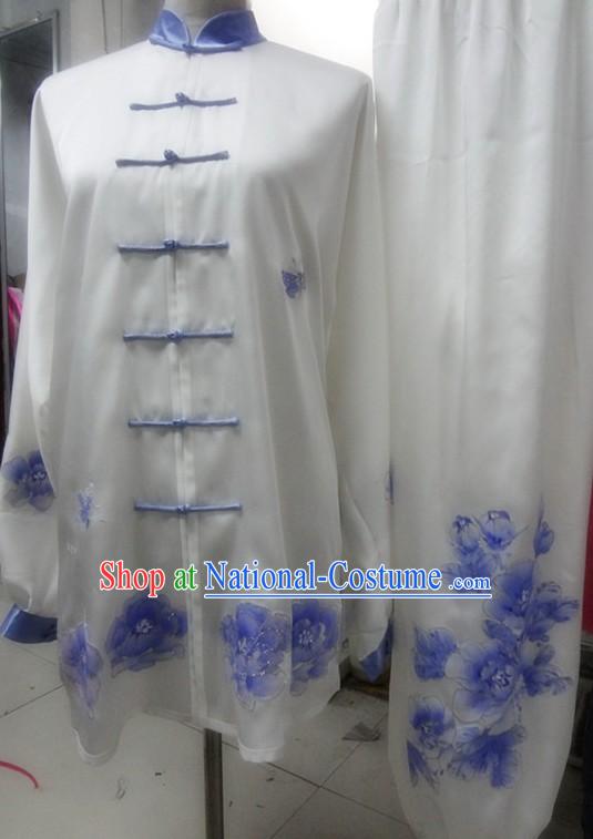 Supreme Embroidered Blue Flower Silk Kung Fu Blouse and Pants Set