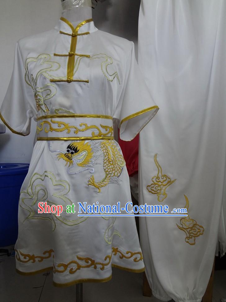 Supreme Silk White Embroidered Dragon Martial Arts Costumes for Men