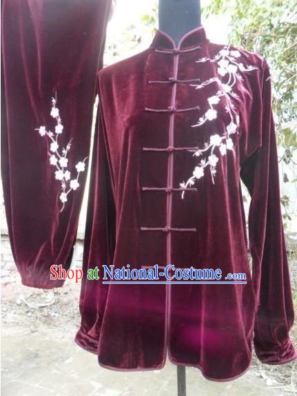 Red Velvet Plum Blossom Embroidery Kung Fu Dress Complete Set