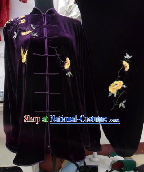 Purple Velvet Butterfly and Flower Embroidery Kung Fu Costumes Complete Set