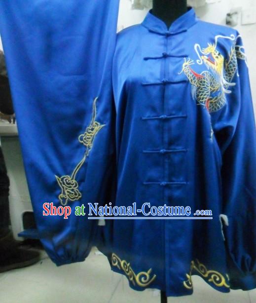 Blue Silk Dragon Kung Fu Contest Uniform for Men