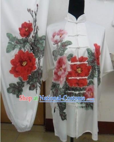 Short Sleeve Silk Hand Painted Peony Tai Chi Performance Uniform for Women