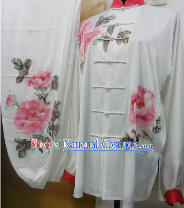 Chinese Classic Silk Hand Painted Peony Tai Chi Competition Uniforms for Women