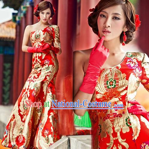 Chinese Classic Red Golden Dragon Wedding Evening Dress