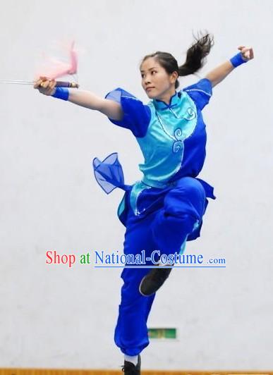 Blue Chinese Martial Arts Kung Fu Competition Silk Uniforms for Women