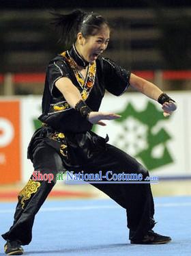 Black Kung Fu Competition and Exercises Silk Dress Complete Set for Women