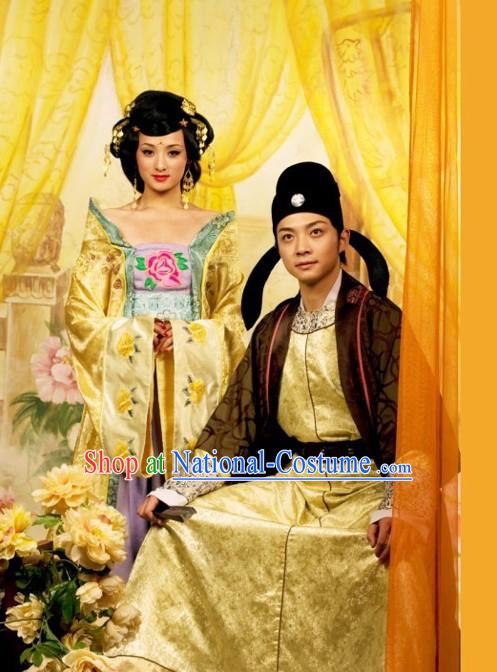 Ancient Chinese Tang Dynasty Husband and Wife Clothing and Hat Two Complete Sets