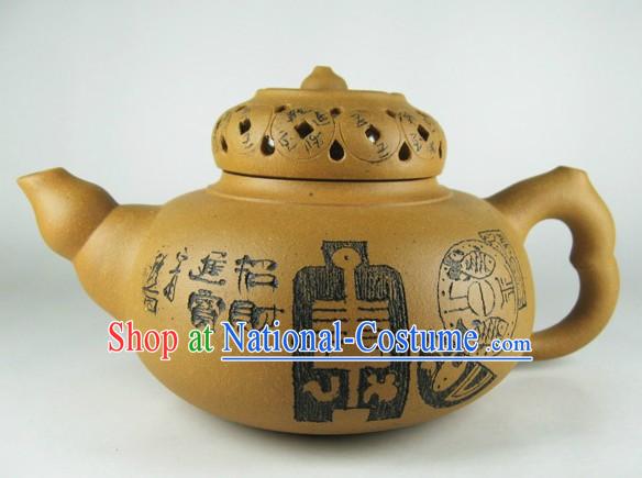 Traditional Chinese Zisha Hulu Gourd and Coins Teapot