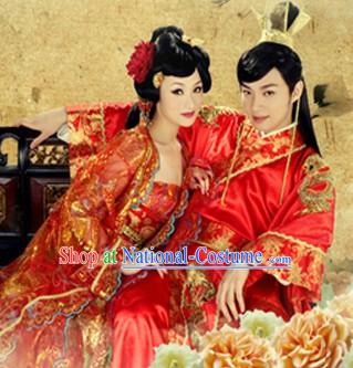 Ancient Chinese Wedding Clothes Two Sets and Hair Accessories for Bride and Bridegroom