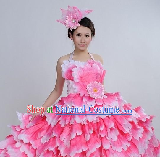 Pink Color Transition Flower Dance Costumes and Headpiece Complete Set for Women