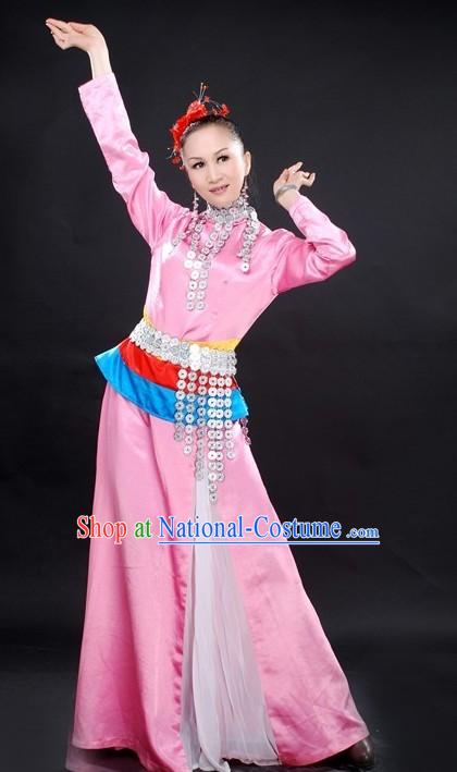 Chinese Pink Ethnic Dance Costumes Complete Set for Women