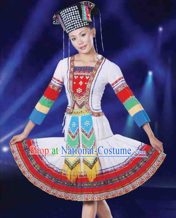 Chinese Ethnic Hani Dance Costumes and Hat for Women