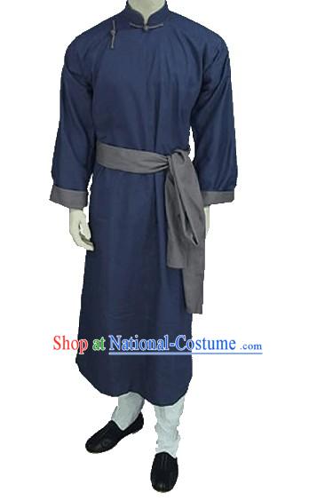 Traditional Deep Blue Chinese-style Long Gown for Men