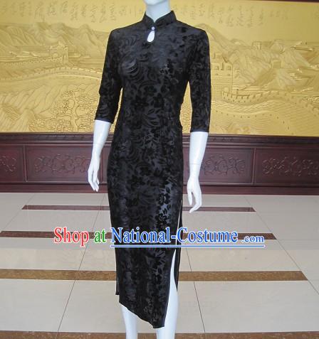 Chinese Classic Black Flower Cheongsam