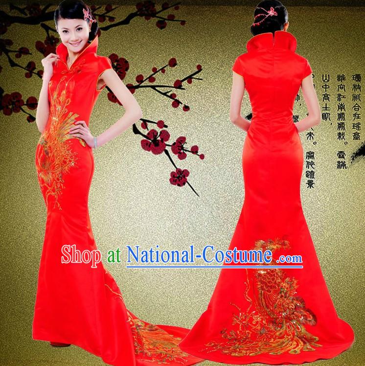 High Collar Traditional Chinese Red Phoenix Wedding Dress for Brides