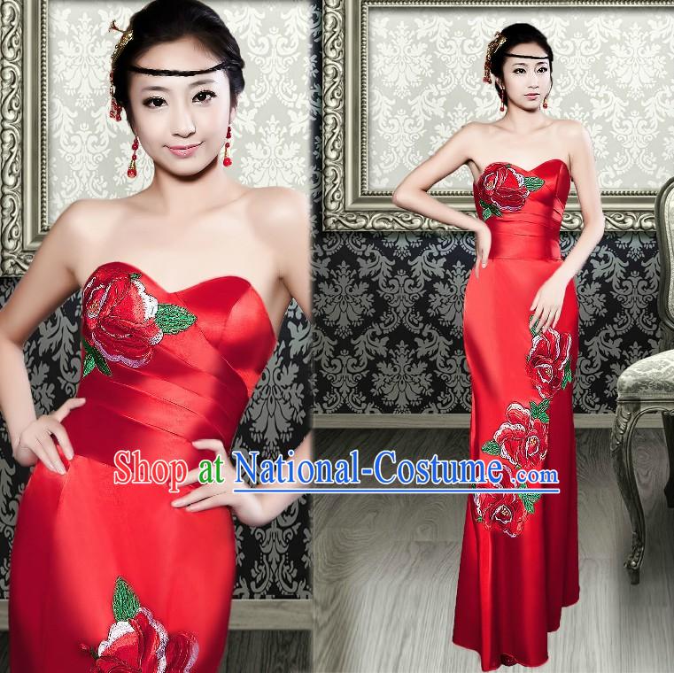 Chinese Classic Red Peony Evening Dress for Women