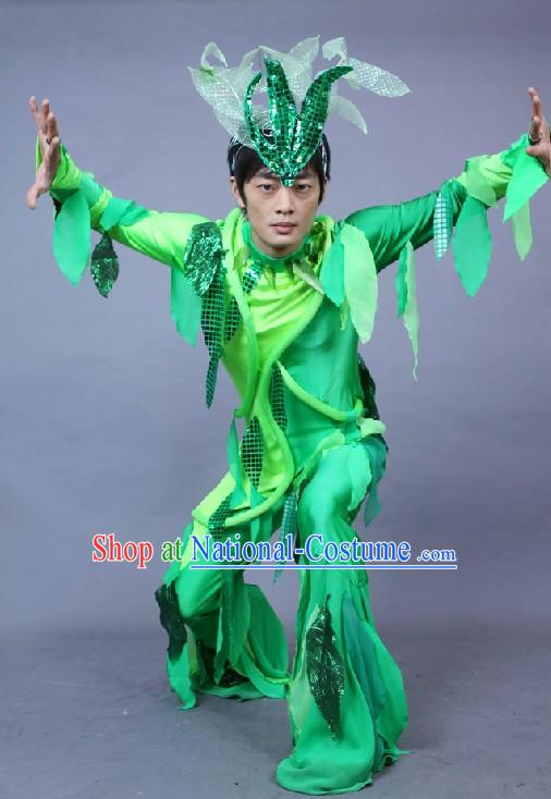 Chinese Green Leaf Dance Costumes Complete Set