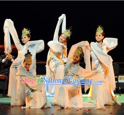 Ancient Chinese Palace White Fairy Classical Dancing Costumes and Hair Accessories for Women