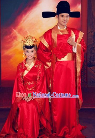 Chinese Classical Wedding Dresses and Hats Two Complete Sets for Brides and Bridegroom