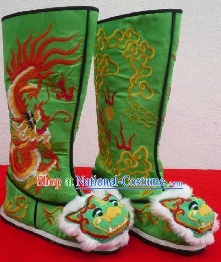 Chinese Classical Green Long Dragon Boots for Men