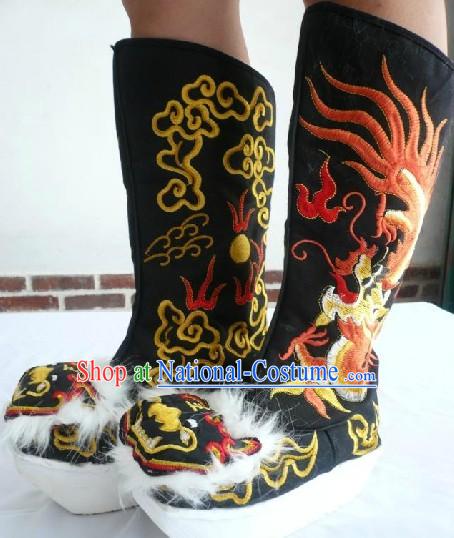 Chinese Opera General Black Embroidered Dragon Long Boots for Men