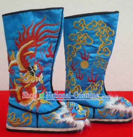 Chinese Classical Blue Embroidered Dragon Long Boots for Men