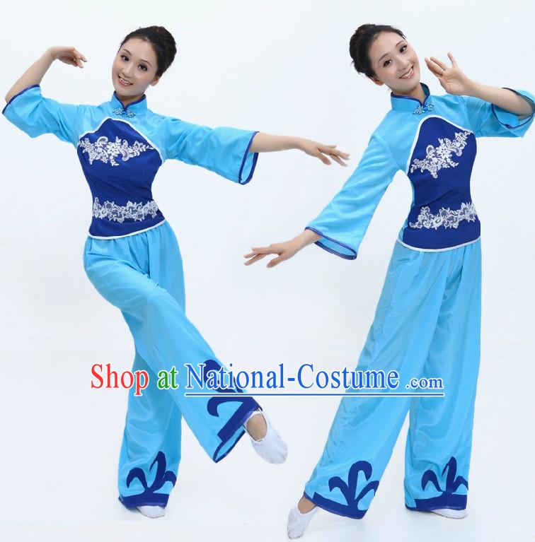 Chinese Classical Blue Folk Fan Dance Costume for Women