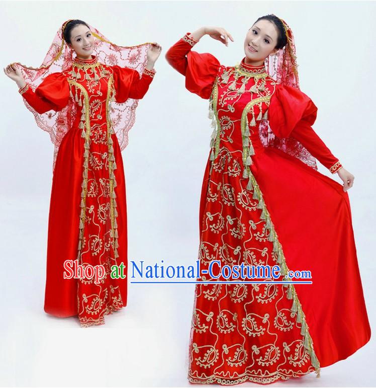 Traditional Chinese Red Minority Dance Costumes and Veil for Women