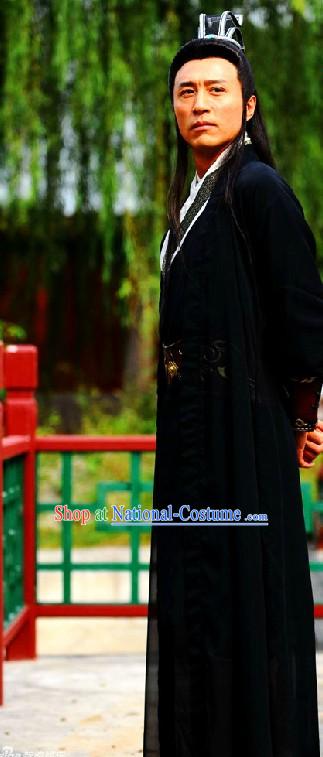 Ancient Chinese Black Costumes and Hat for Men