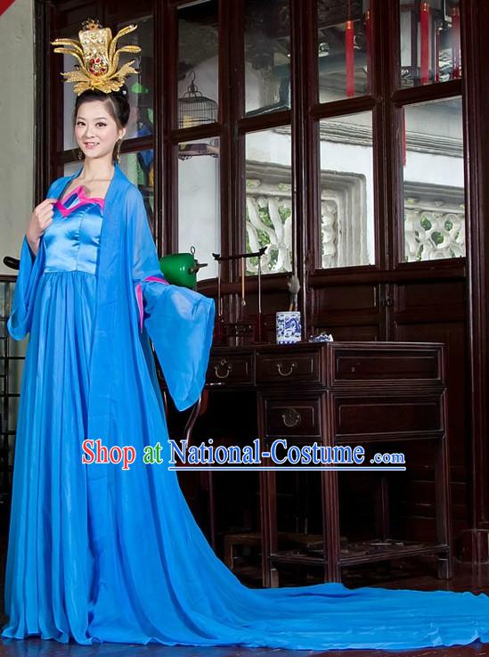 Ancient Chinese Blue Long Tail Hanfu Clothing for Women