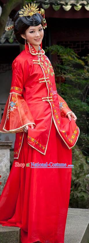 Traditional Chinese Red High Collar Butterfly and Flower Wedding Dress Complete Set