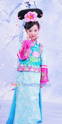 Traditional Chinese Princess Embroidered Lotus Clothing and Hat for Kids