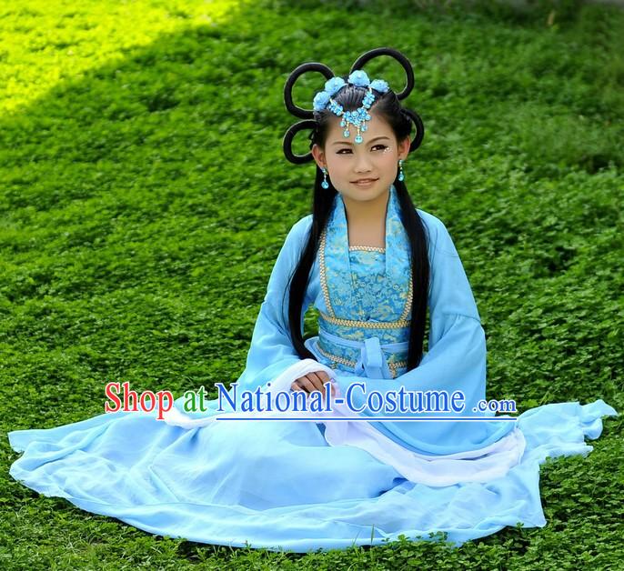 Ancient Chinese Blue Fairy Costume and Wig for Children