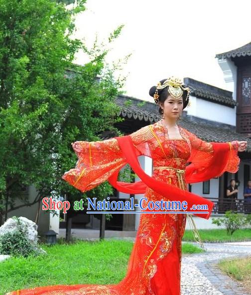 Ancient Chinese Red Wedding Dress with Long Tail